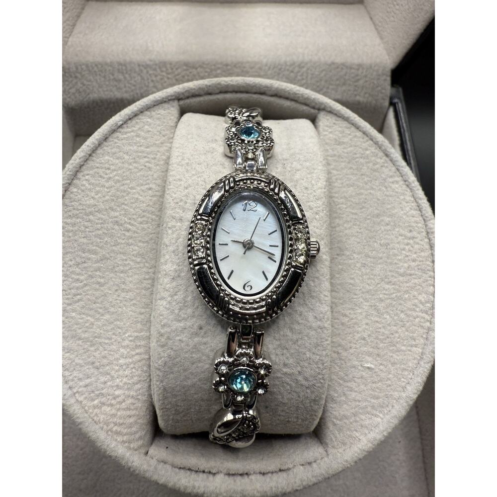 FMD Women Silver Tone MOP Watch Oval 20mm Quartz Analog Rhinestones Running